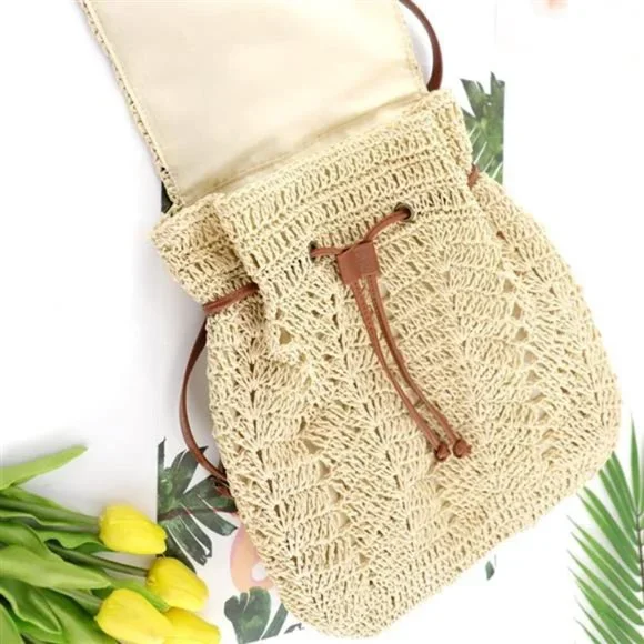Aktudy Women Straw Backpack, Beach Woven Handbag Boho Shoulders Bag, Flap Top Ha